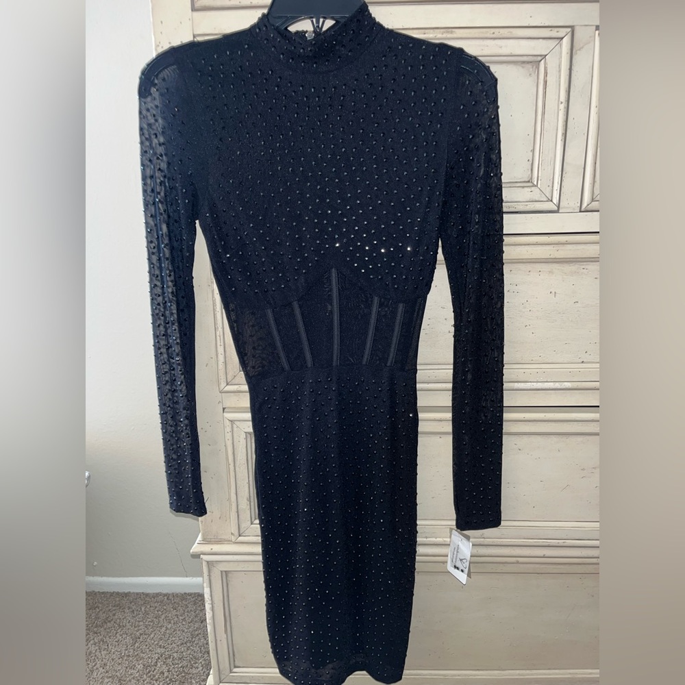 Black Rhinestone Long Sleeve Mini Dress